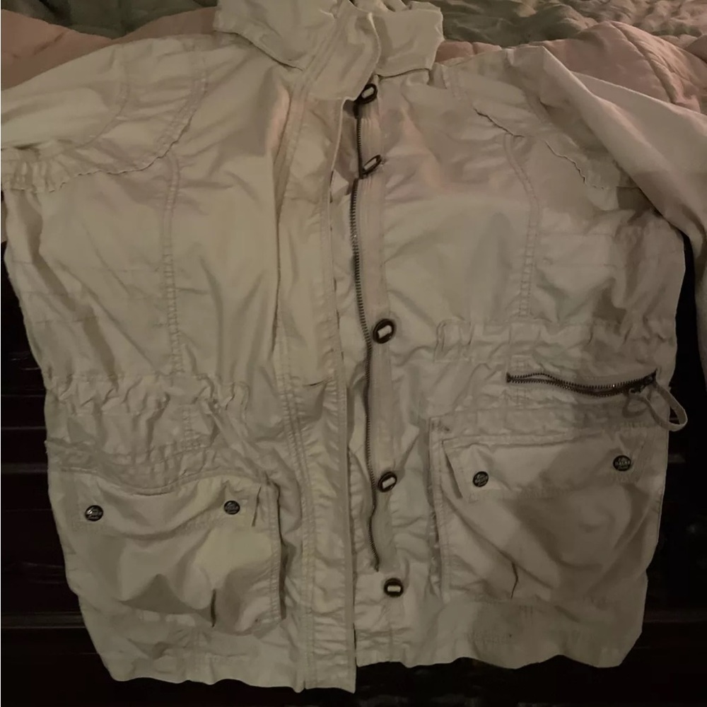 Eddie Bauer, Women Zip & Button L/S Safari Jacket, Pockets, Cinch Large Beige